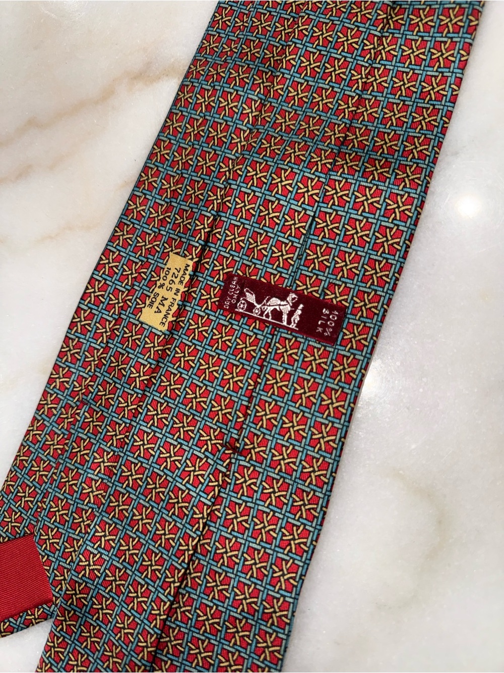 Hermes Red and Teal Geometric Silk Tie